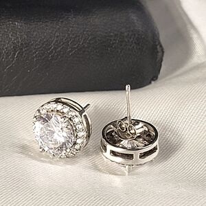 P32. Cubic Zirconia Halo Stud Sterling Silver Earrings, 9mm